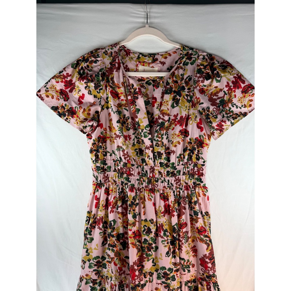 Anthropologie Somerset Pink Floral Cotton Maxi Dress Smocked Tiered V-Neck Small